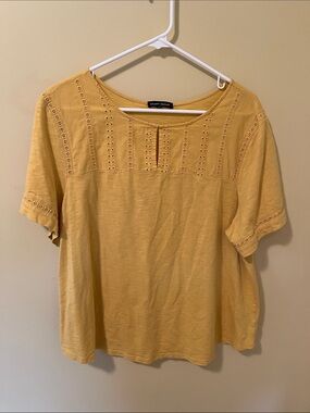 Hilary Radley Golden Yellow Eyelet Yoke Short sleeve keyhole Top. Cotton modal
